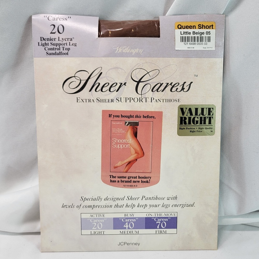 JCPenny Sheer Caress Extra Sheer Support Pantyhose Queen Short Beige Sandalfoot‎